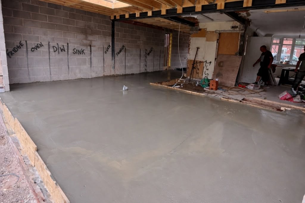 Freshly laid screed floor inside an integral garage conversion ready for finish