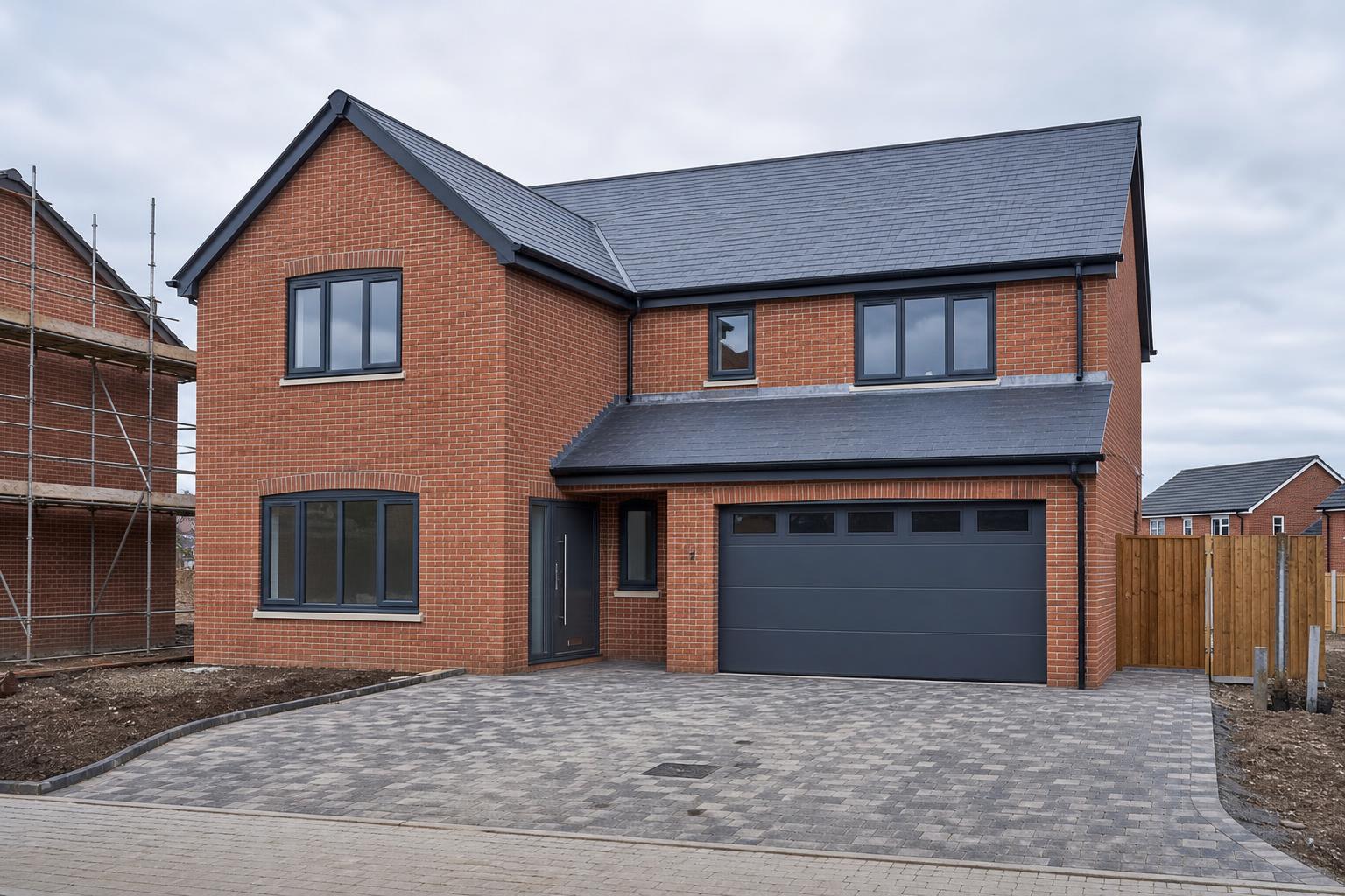 Newly completed two-storey detached new-build home with slate roof and block-paved driveway, North West England