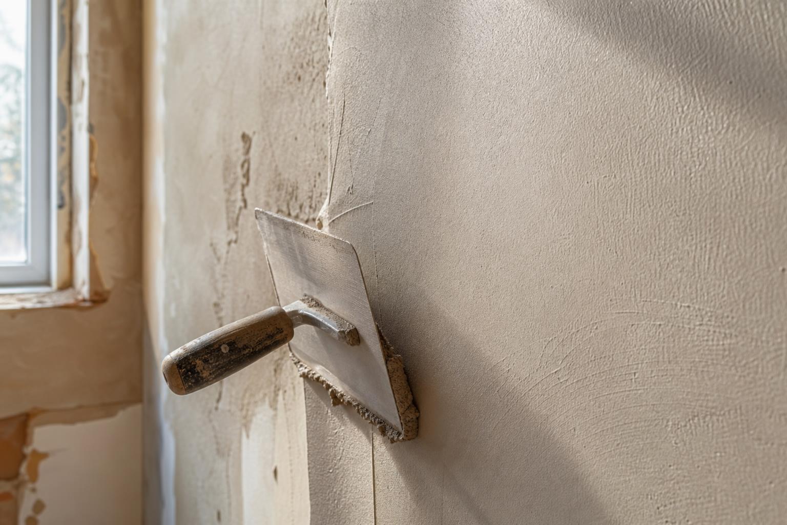Builder's trowel applying fresh skim plaster to an interior wall in a UK residential renovation